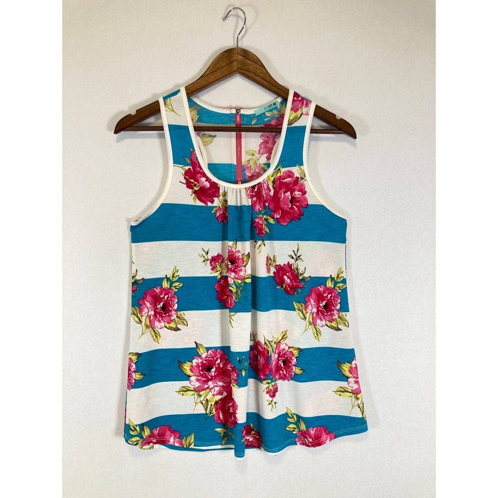 Floral Stripe P.S. Kate Women Small Blue Pink Racerback Zip Tank Top